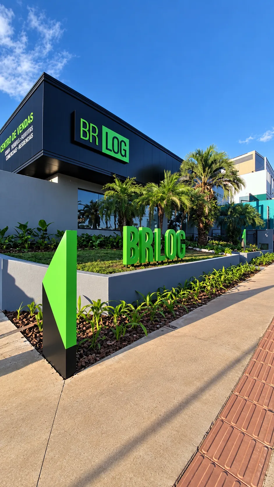 Fachada da loja conceito da BR LOG na Av. Afonso Pena, 3927, em Campo Grande, com a logo verde na fachada preta e o letreiro BR LOG no jardim